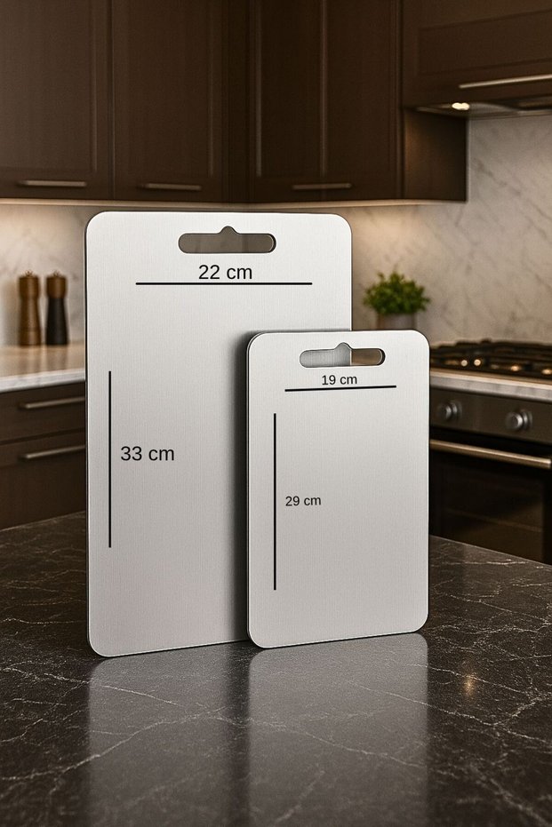 Set of 2 Steel Cutting Boards – 33X22 cm & 29X19 cm Stainless Hygienic Kitchen Chopping Board