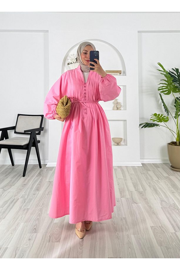 POPLİN KUMAŞ ÖNÜ NERVÜLLÜ BİYELİ ELBİSE PEMBE - 1