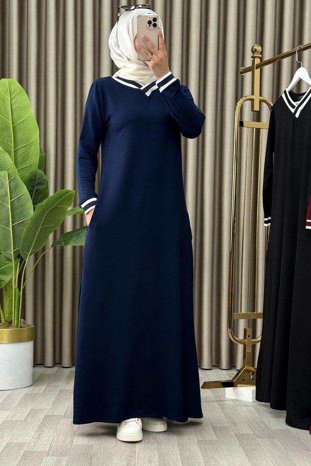 Nursaç Dress Navy Blue White V-Neck Detailed Hijab Sports Dress Crystal