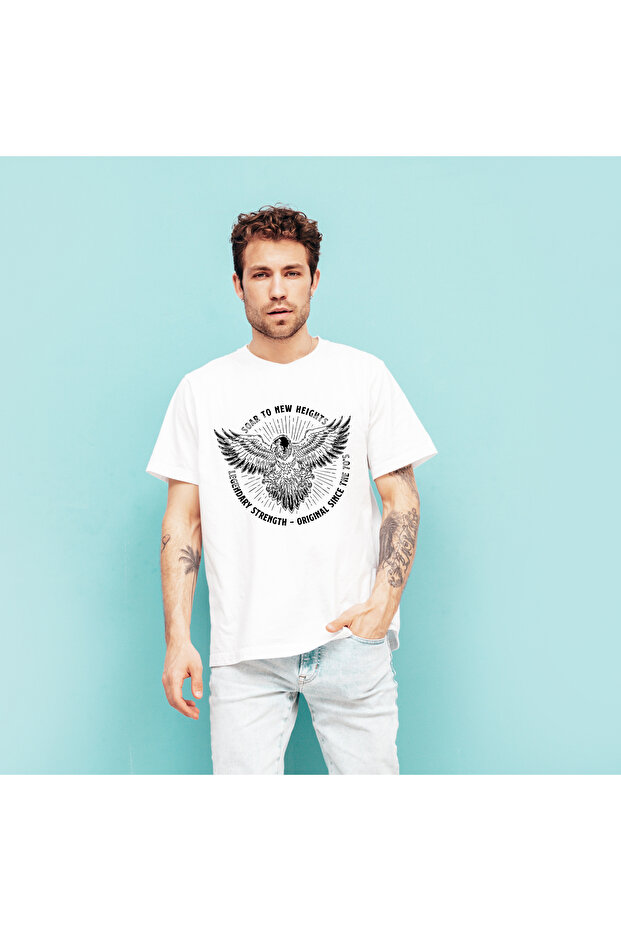 Men's T-Shirt Motorcycler Special Eagle Regular Fit White-Black Crew Neck T-Shirt
