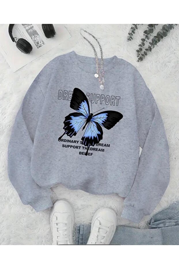 Butterfly Printed Crew Neck Fleece Sweatshirt
