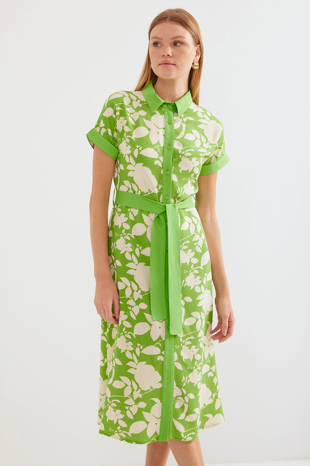 Women's Patterned Shirt Dress Green 1015