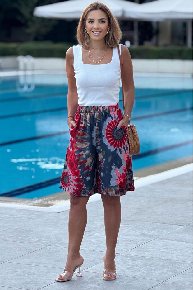 Single Shorts Red Ethnic Patterned