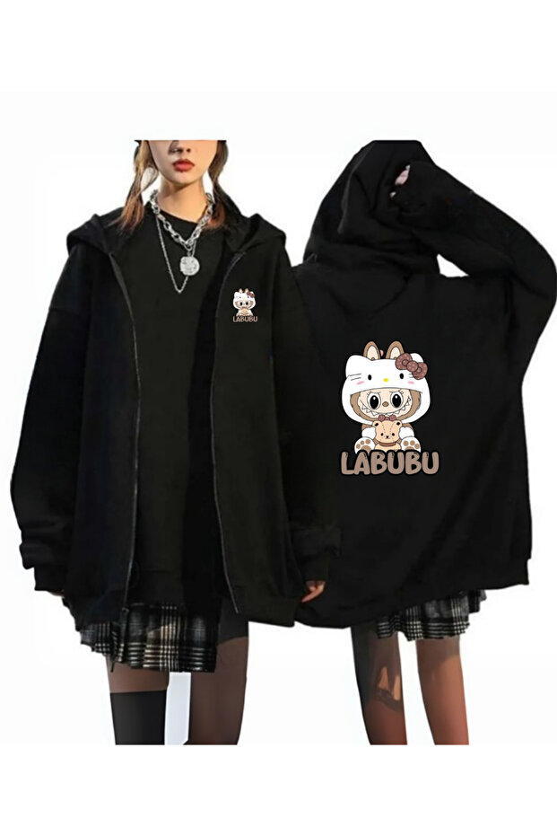 Labubu Baskılı Oversize Fermuarlı Siyah Unisex Kapüşonlu Hırka - 1