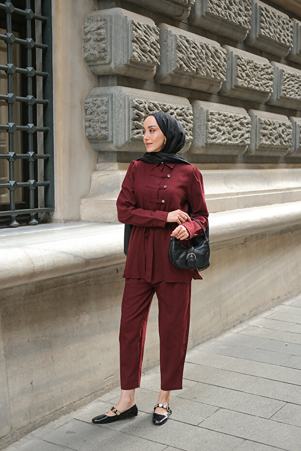 Women's Button Detail Suit Burgundy