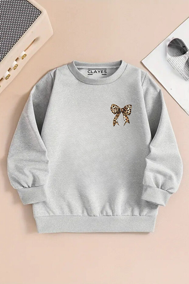 Children's Gray Crew Neck Sweatshirt – Minimal Leopard Ribbon Printed, Thick Fabric with Embossed