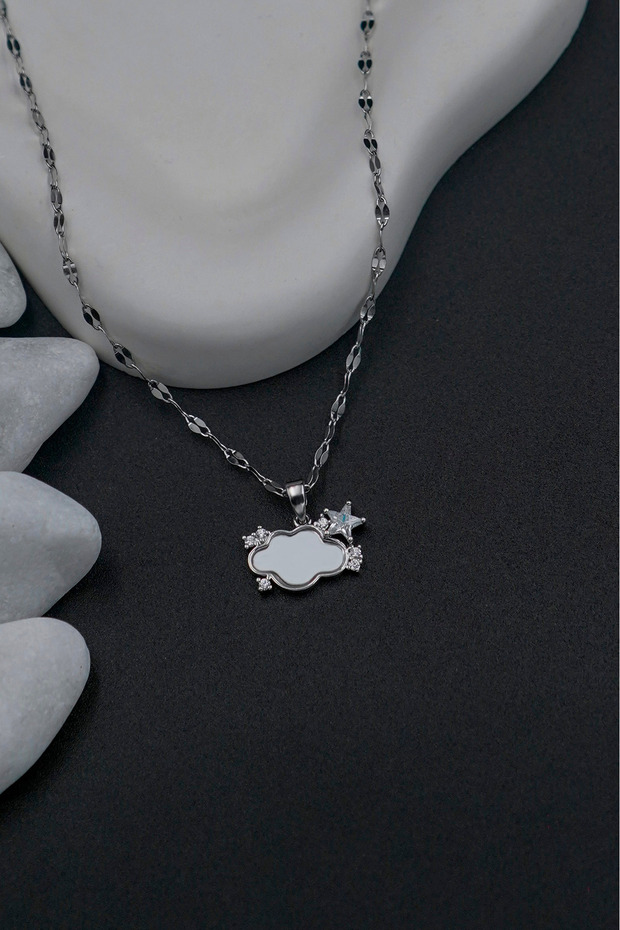 Silver Stainless Steel Women's Necklace with Cloud and Star Figures Zircon Stone