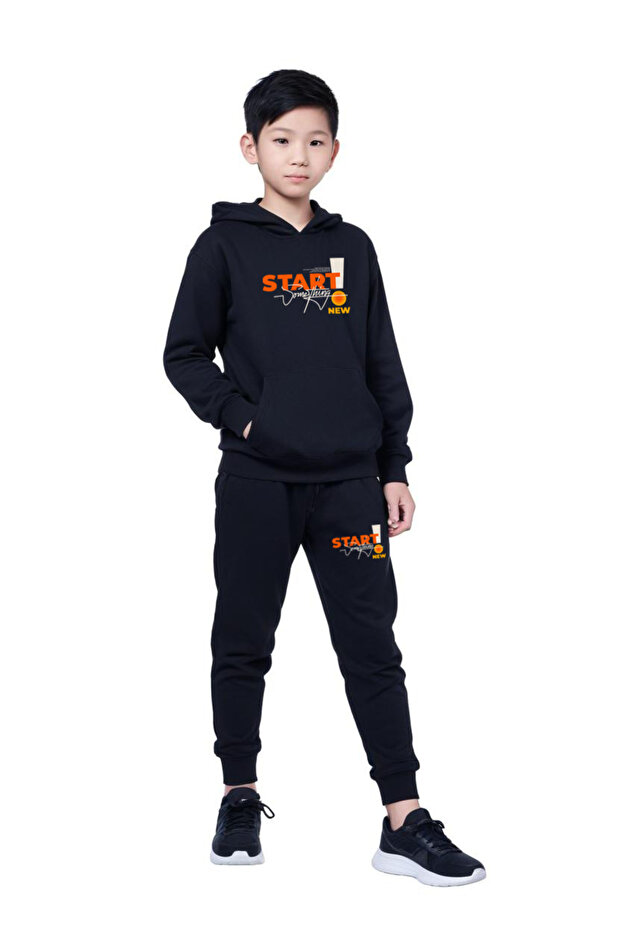 Hooded Kangaroo Pocket Start Printed Boy's Tracksuit Set
