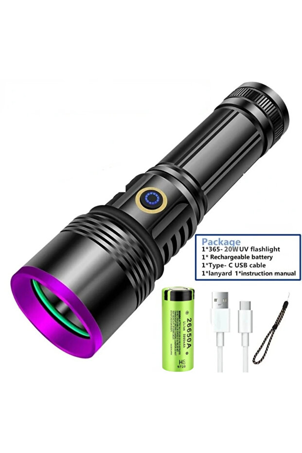 UV Flashlight 20W 365nm UV Flashlight USB Rechargeable Torch Invisible Ink Pet Stains Cat Tinea for
