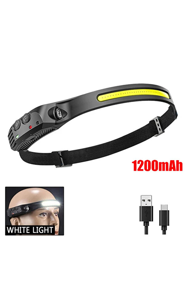 1- مصباح أمامي LED COB أبيض 1200 مللي أمبير في الساعة، مصباح أمامي تحريض مدمج ببطارية قابلة لإعادة الشحن عبر USB