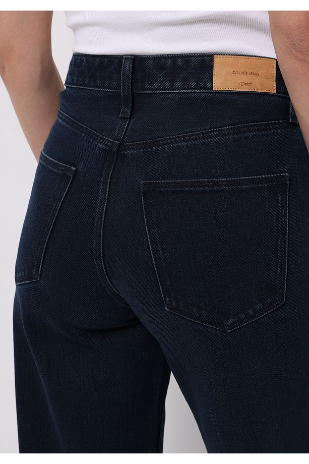 Regular Fit Yüksek Bel Geniş Paça Kadın Koyu İndigo Jean Pantolon - 6