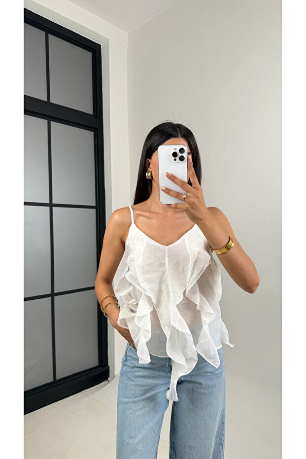 Layered Flounce Strap Chiffon Women's Blouse – Transparent Summer Strap Blouse