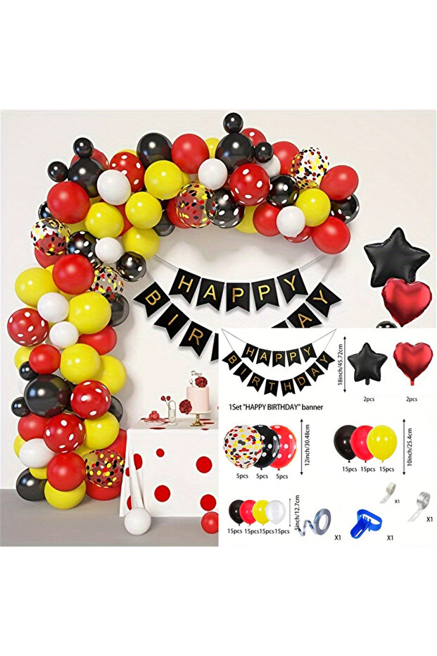 Other MULTI 129pcs Cartoon Mouse Balloon Set Mouse Theme Birthday Decoration Black, Red, Yellow Alum