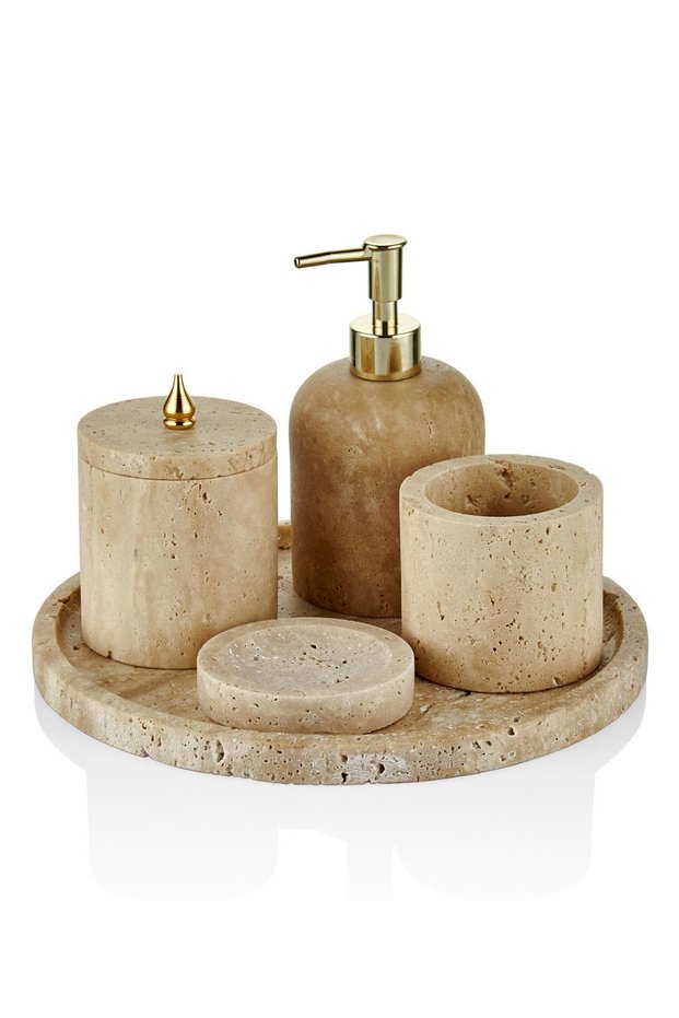 Evza Travertine Marble Bathroom Set 5 Pieces | Natural Luxury Bathroom Accessories with Drop Figures
