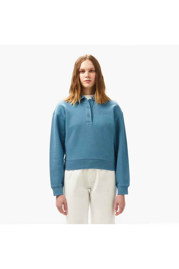 Kadın Relaxed Fit Polo Yaka Mavi Sweatshirt - 1