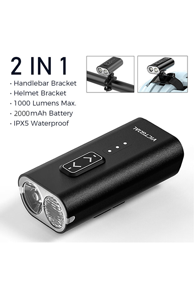 2-IN-1 Black VICTGOAL Bicycle Light 1000LM Waterproof Bike Helmet Headlight Handlebar Type-C LED Fla