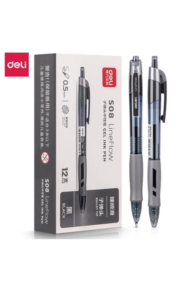 Deli Black 1Box(12pcs) DELI Gel Ink Pen 0.5 mm 12pcs/Box - Retractable Soft Grip Office Pen with Bla