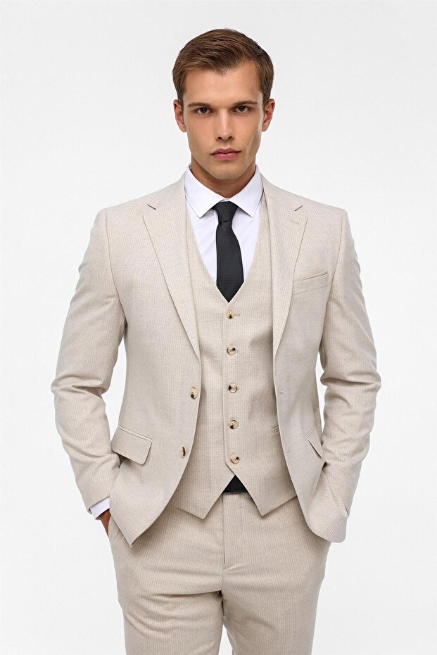 Süvari Dar Kesim 6 Drop Bej Yelekli Takım Elbise - 2