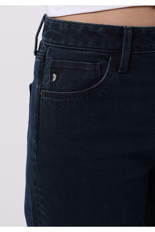 Regular Fit Yüksek Bel Geniş Paça Kadın Koyu İndigo Jean Pantolon - 5