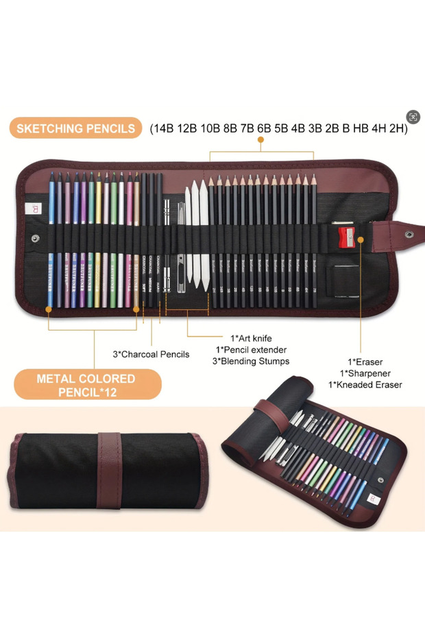 36Pcs 29Pcs Drawing Kit Sketching Pencils Set,Portable Pen Curtain-Charcoal Pencils, Sketch Pencils,