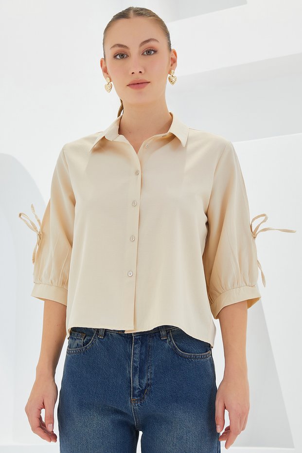 Women's Bow Detail Crop Shirt Beige 1068