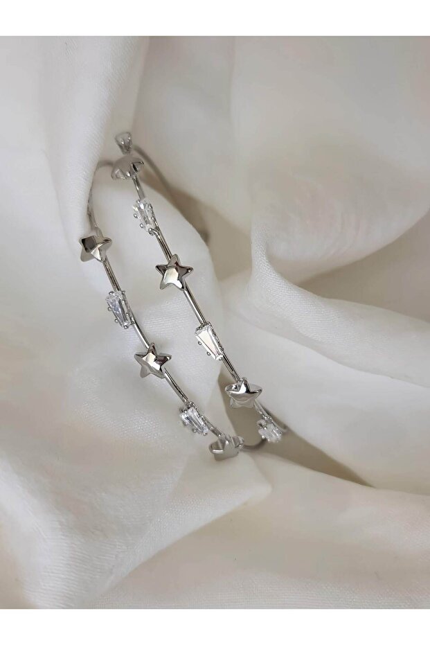 Star Baguette Two Row Model Silver Color Steel Adjustable Wristband Handcuff