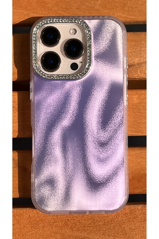 Satin Wave Texture Case for iPhone 16 Pro - Cover with Glitter Dust Effect with Rhinestone Camera Frame - 1