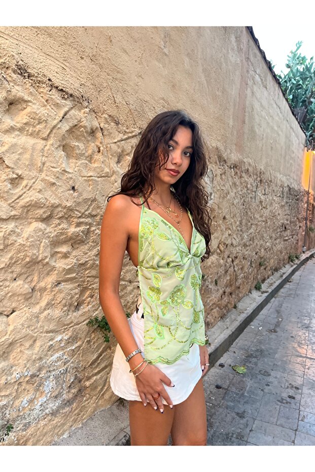 Pullu payetli halter yaka üst crop büstiyer - 1