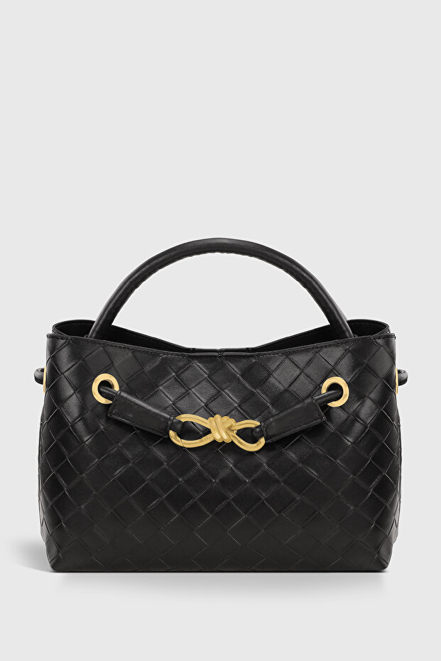Black Knitted Woven Long Strap Daily Bag with Metal Accessories 281