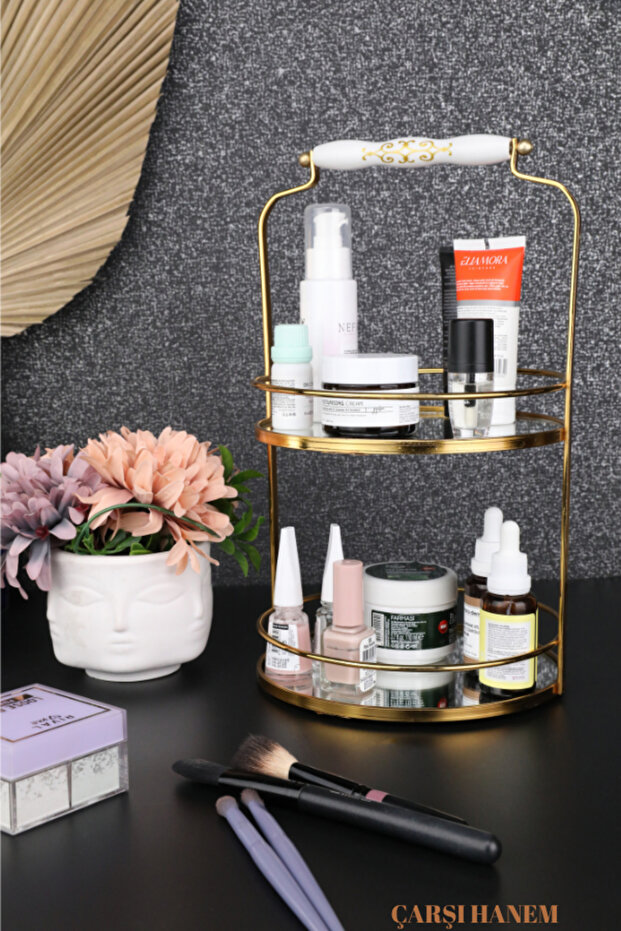 Two-Tier Gold Presentation Tray Round Cosmetic Organizer Bathroom Serving Presentation Engagement Tray Multipurpose