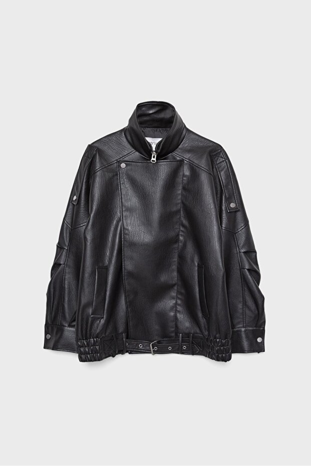 سترة جلدية كبيرة الحجم مع طوق - 6