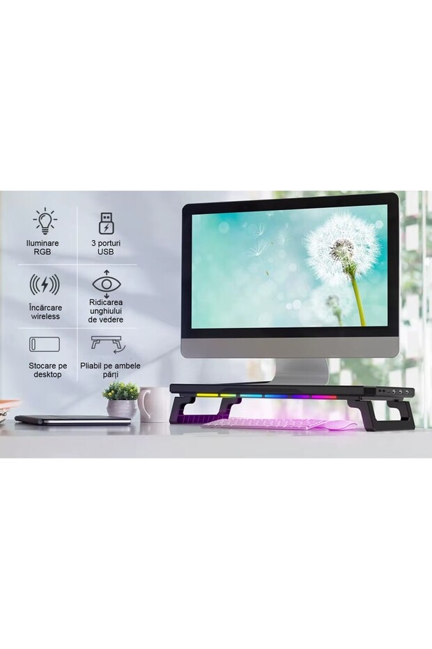 Suport Monitor Lumini RGB, Incarcare Wireless, 3 Porturi USB, 1 Port Iesire Type C - 7