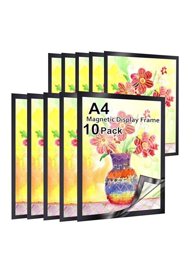 A4 Magnetic Display Frame, Self-Adhesive Paper Holder and Sign Protector for Office, Retail, and Home Use, Black, 10 Pack