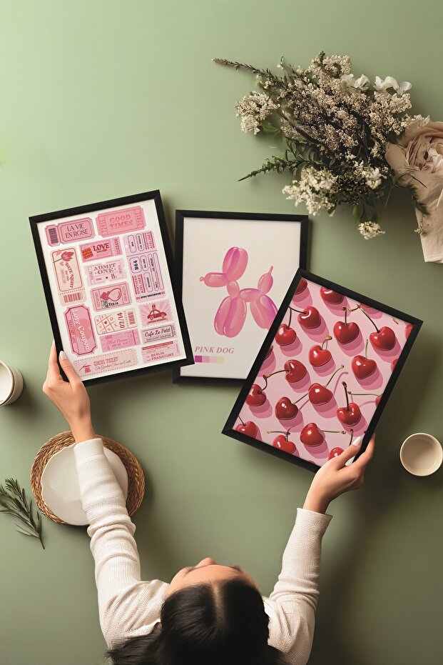 Siyah Tablo Seti, 3 Adet Siyah Çerçeveli Poster Preppy Model No:300893, Pembe Duvar Dekoru - 3