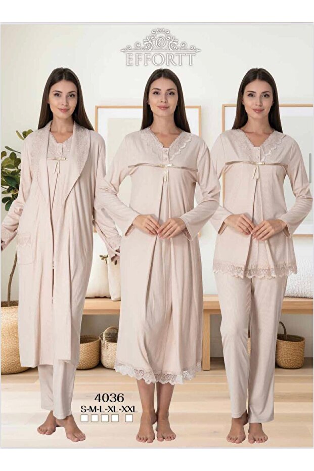 Pregnant Maternity 3-Piece Dressing Gown Nightgown Pajama Set