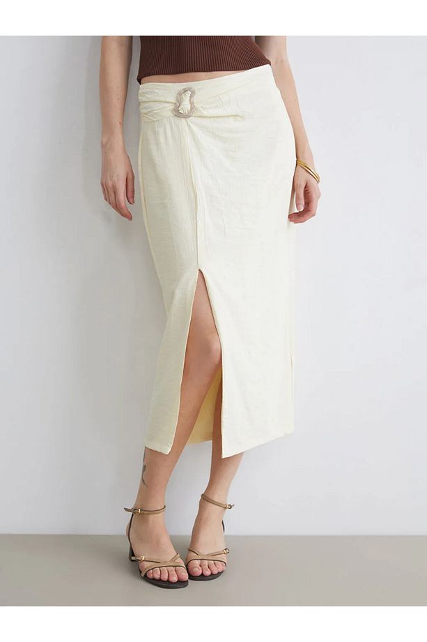 LCWAIKIKI Classic Sari Beli Fermuarlı Dokulu Etek - 3