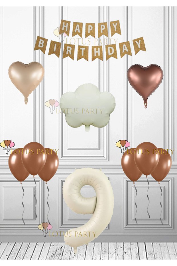 Retro Cloud Birthday Set Cream Retro Cloud - Brown Heart Brown Balloon Kraft Happy 9 Years Old