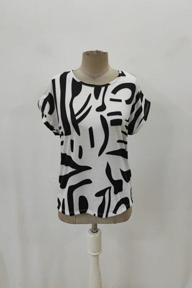 Round Neck Patterned Single Jersey Blouse - 4