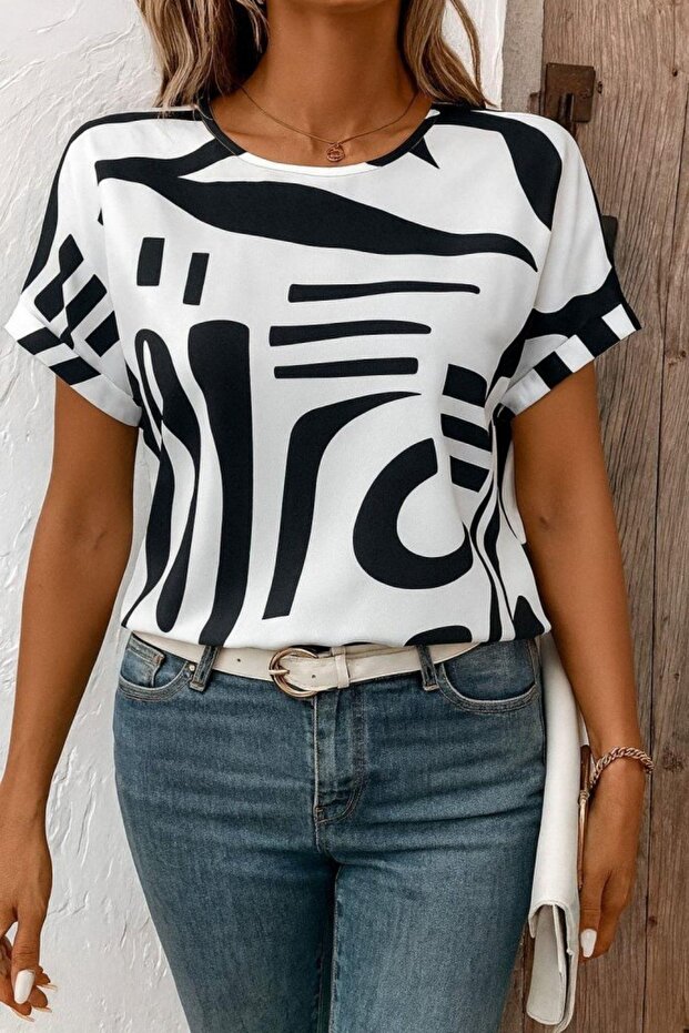 Round Neck Patterned Single Jersey Blouse - 2