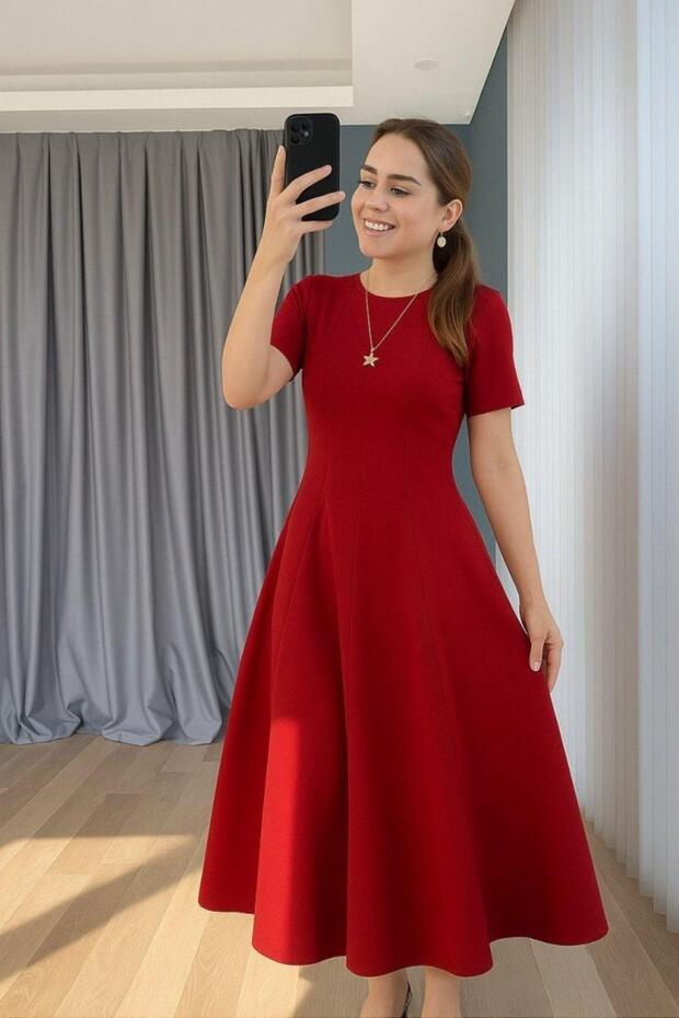 Kısa Kollu Bisiklet Yaka Midi İthal Krep Elbise - Kırmızı - 1