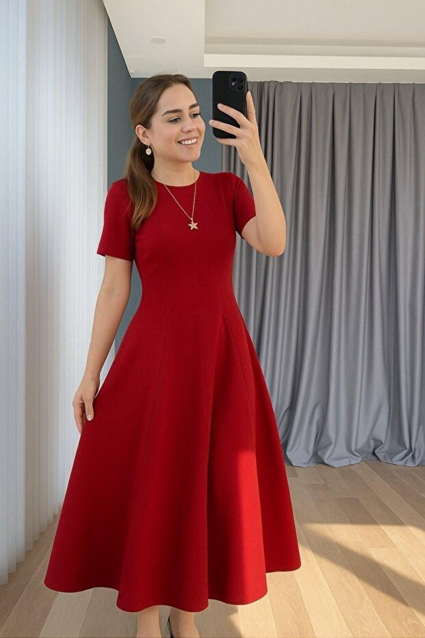 Kısa Kollu Bisiklet Yaka Midi İthal Krep Elbise - Kırmızı - 3