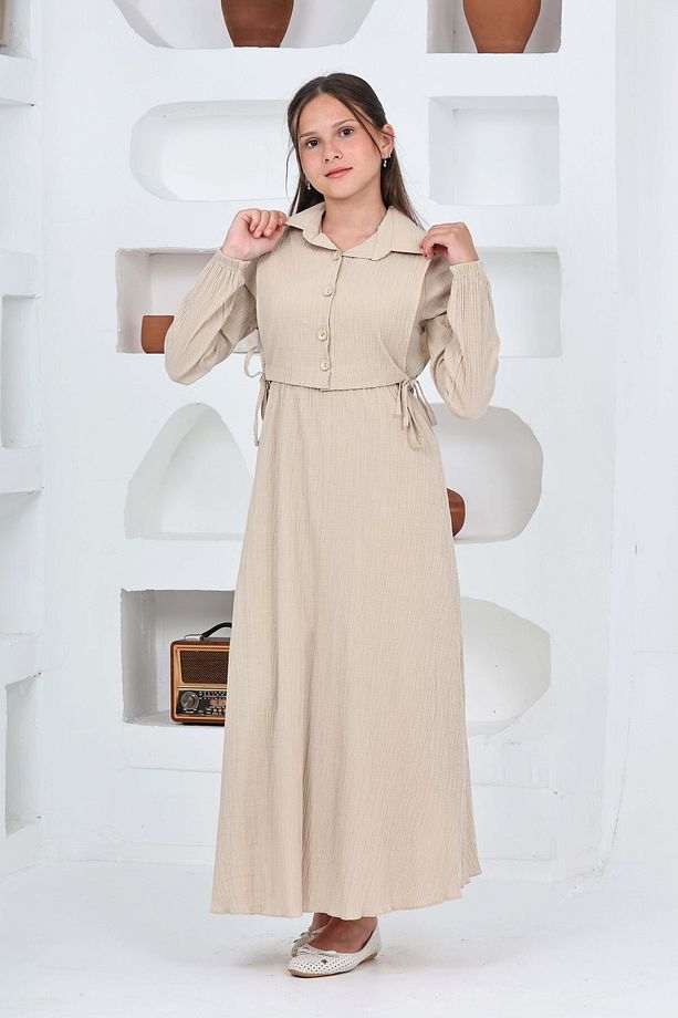 Kız Çocuk Uzun Gofre Kumaş Jile & Elbise İki Parça Takım Tesettür Elbise – Astarlı Zarif Set-4948 - 1