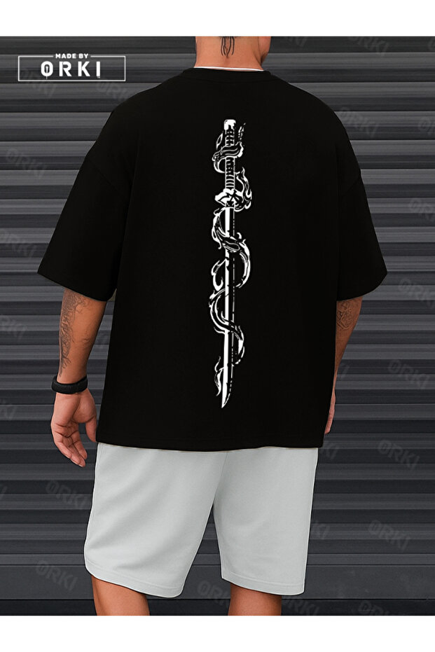 Orki Tigerblade – Tiger & Sword Printed Oversize Men's Black T-Shirt and White Shorts Set