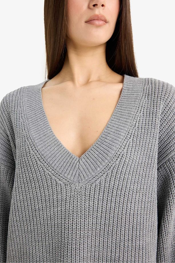 Oversize Geniş Kalıp V Yaka Triko Kazak Z7135AZ25WN - 4