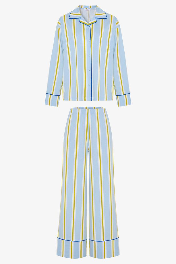 Açık Mavi Çizgili Gömlek Yaka Uzun Kollu Pijama Takımı- Inspired by Flora - 1
