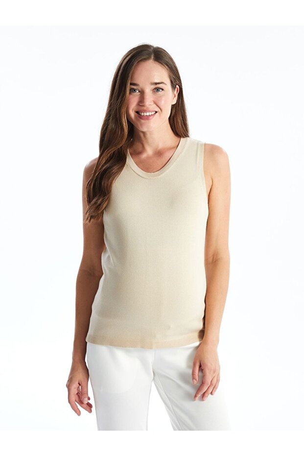 Bej V Yaka Düz Uzun Kollu Hamile Triko Hırka ve Süveter Takım - 3