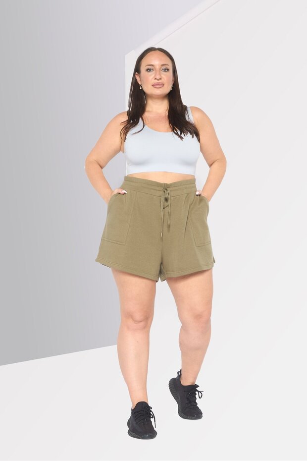 Women Plus Size Solid Basic Shorts, Olive - 2
