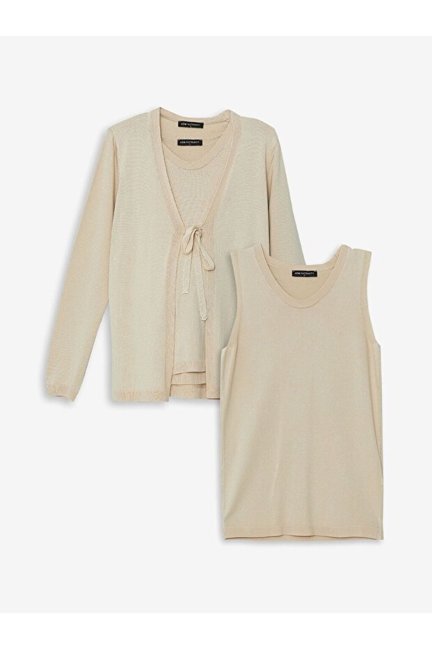 Bej V Yaka Düz Uzun Kollu Hamile Triko Hırka ve Süveter Takım - 6