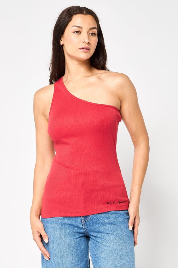 Women Asymmetrical Neck Sleeveless Embroidered Logo Tank Top, Red