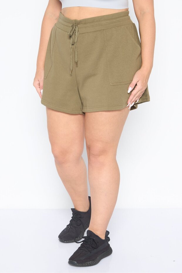 Women Plus Size Solid Basic Shorts, Olive - 1